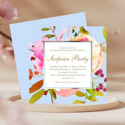 Blue Floral Watercolor with Dots Surprise Party Invitation