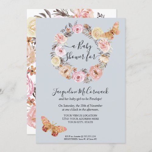 Blue Floral Watercolor Wreath  Butterfly Baby Girl Invitation