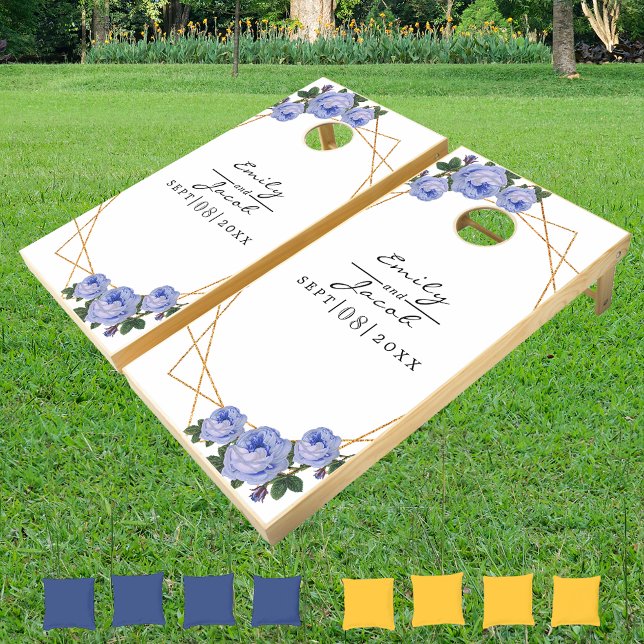 Blue Floral Wed Elegant Gold Glitter Geometric Cornhole Set (Blue Floral Wed Elegant Gold Glitter Geometric Cor Cornhole Set)