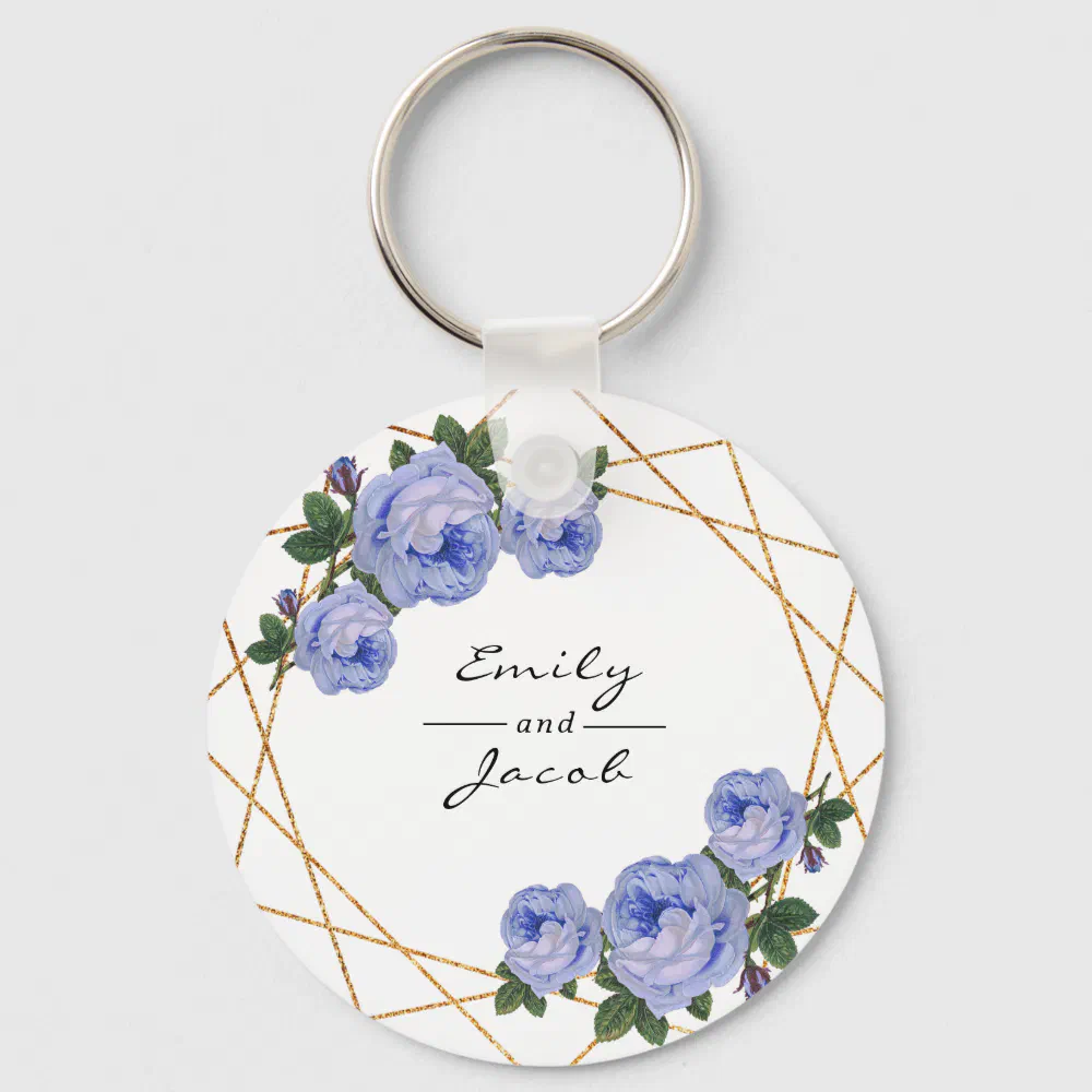 Blue Floral Wed Elegant Gold Glitter Geometric Keychain