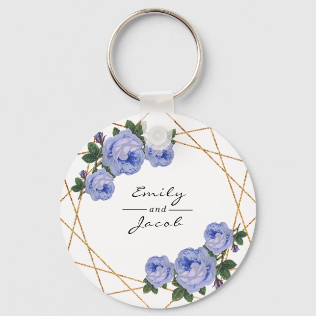 Blue Floral Wed Elegant Gold Glitter Geometric Keychain (Front)