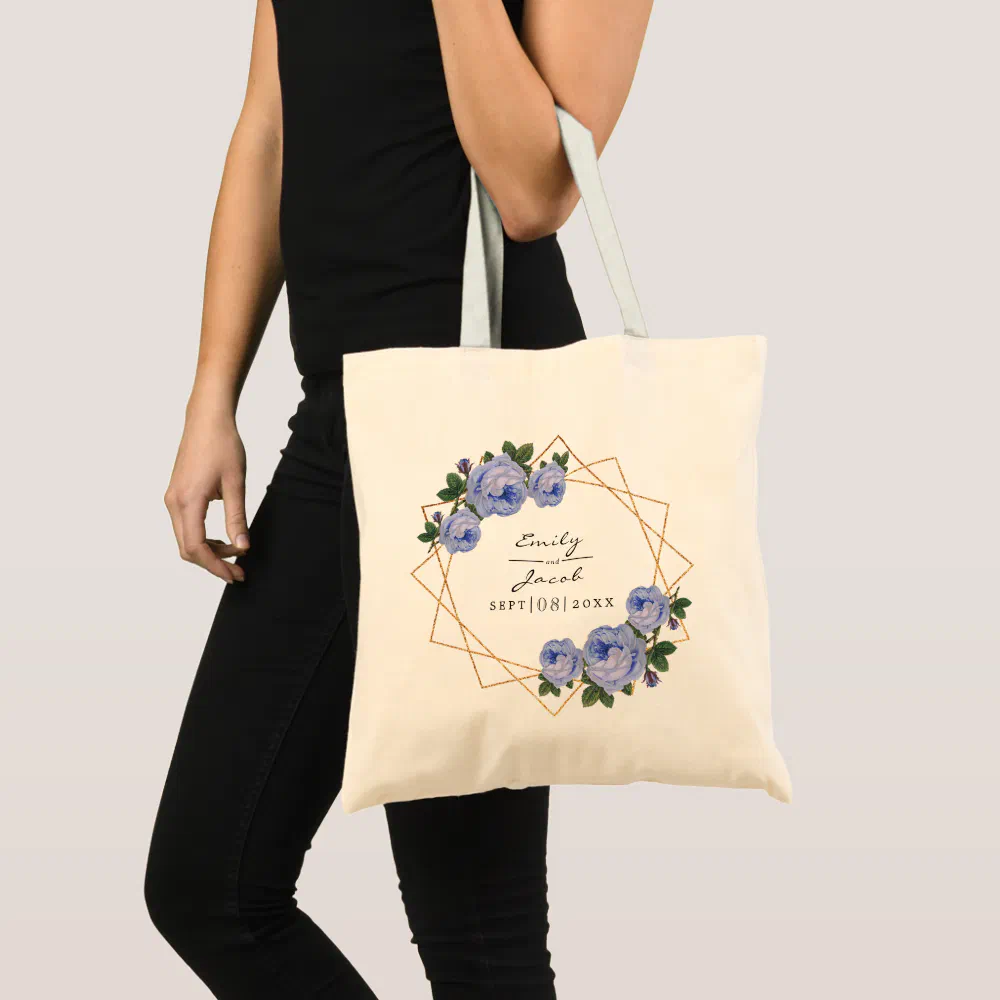 Blue Floral Wed Elegant Gold Glitter Geometric Tote Bag