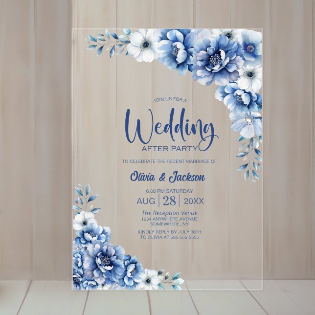 Blue Floral Wedding After Party Acrylic Invitations (Creator Uploaded)
