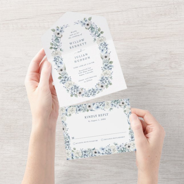 Blue Floral Wedding All In One Invitation (Tearaway)
