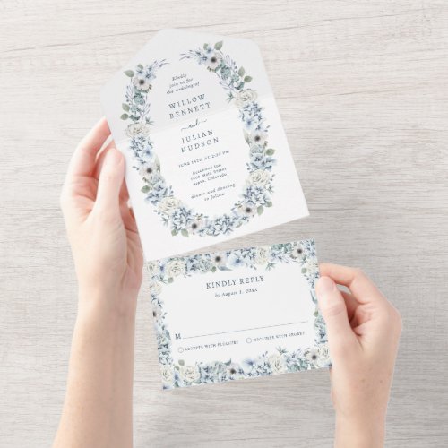 Blue Floral Wedding All In One Invitation