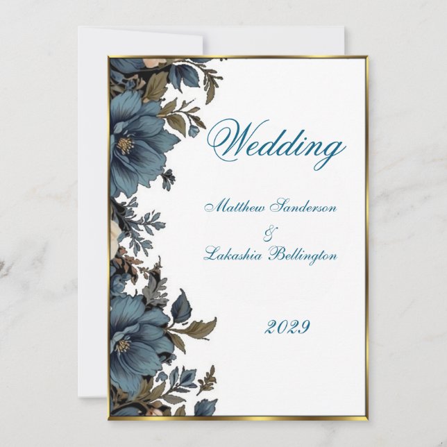 Blue floral Wedding Beautiful White  Invitation (Front)