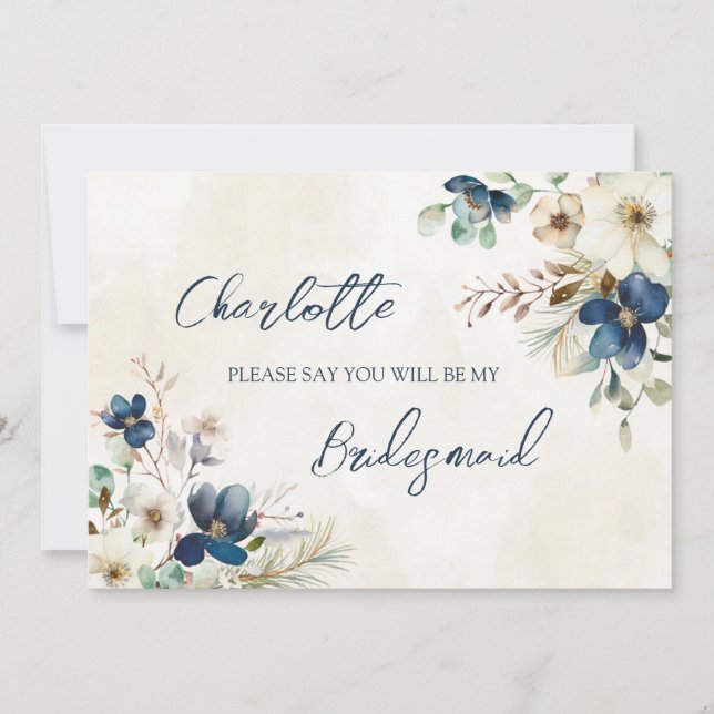 Blue Floral Wedding Bridesmaid Proposal Card (Front)
