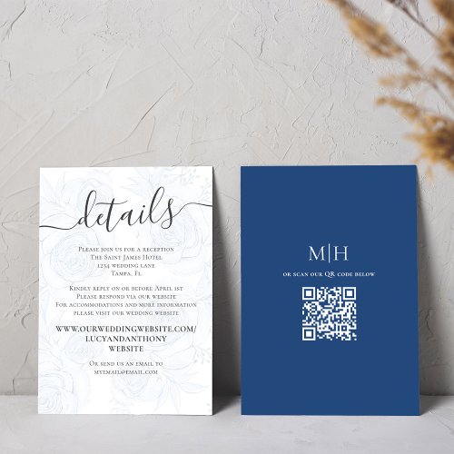 Blue Floral Wedding Details Calligraphy Script Enclosure Card