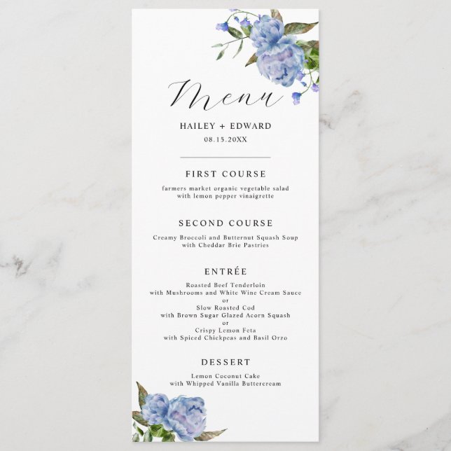 Blue Floral Wedding Dinner Menu (Front)