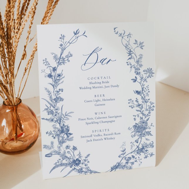 Blue Floral Wedding Drink Bar Menu Pedestal Sign (Creator Uploaded)