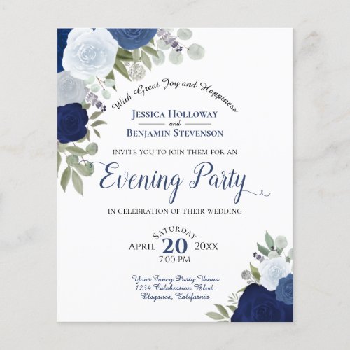 Blue Floral Wedding Evening Party Budget Invite