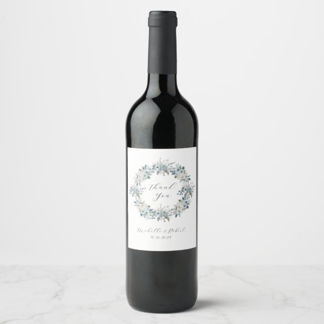 Blue Floral Wedding Favor Wine Label (Front)