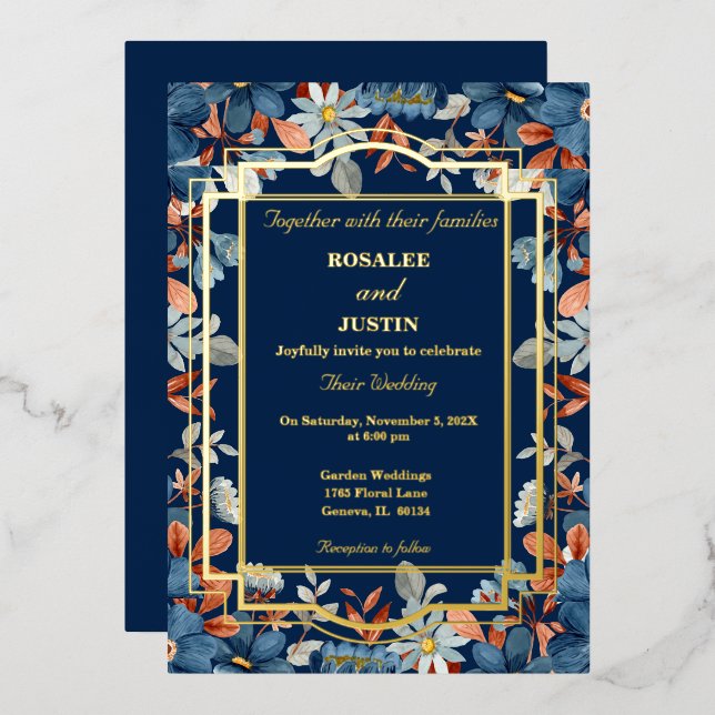 Blue Floral Wedding  Foil Invitation (Front/Back)