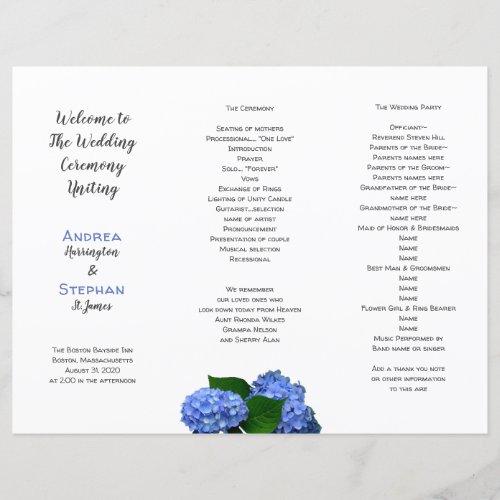 Blue Floral Wedding Folded Ceremony Program