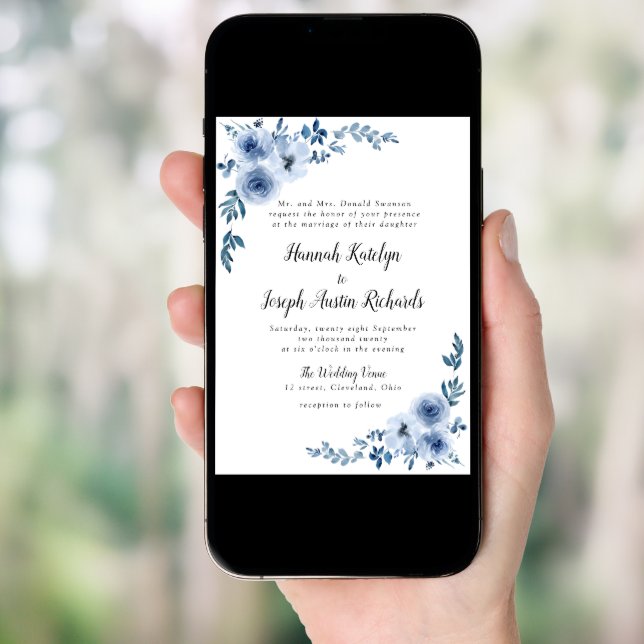 blue floral wedding invitation (Front Digital)