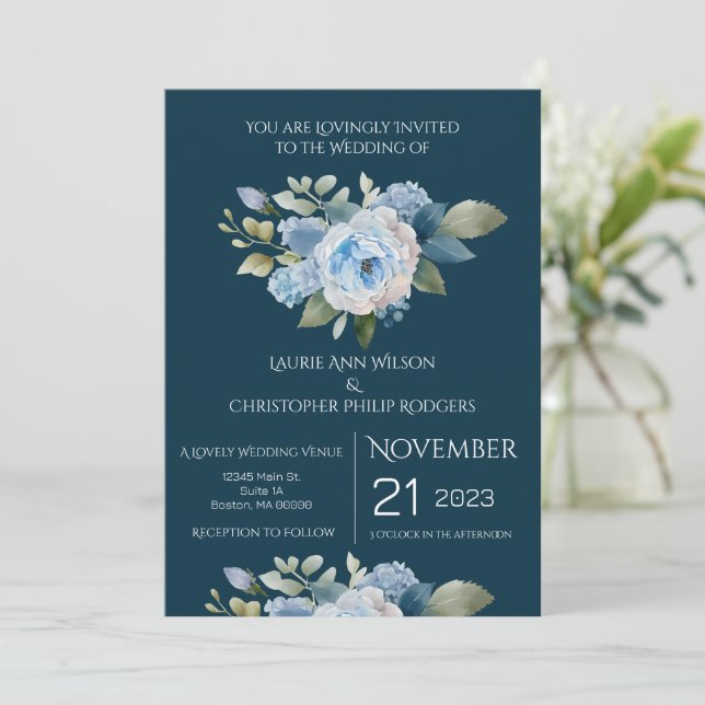 Blue Floral Wedding Invitation (Standing Front)