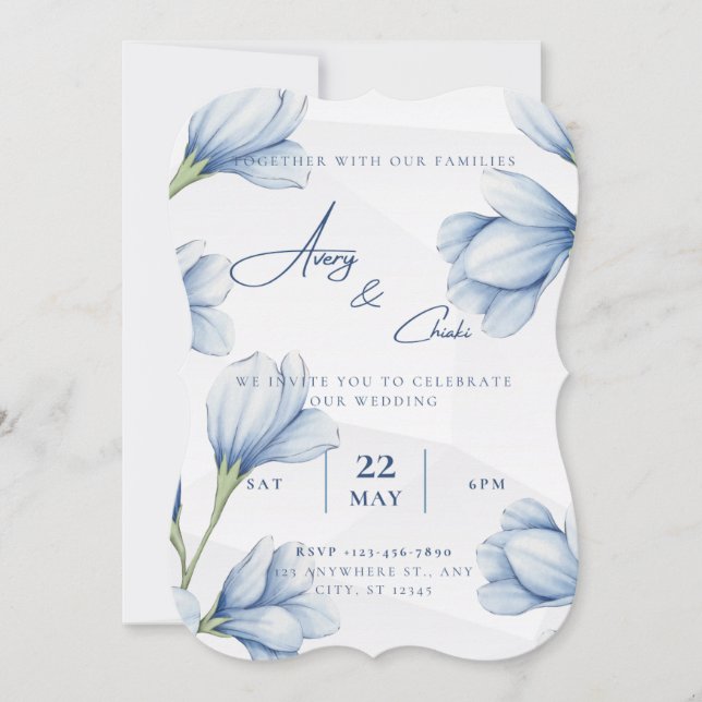 blue Floral Wedding Invitation  (Front)