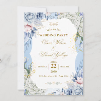 Blue Floral Wedding Invitation Elegant Romantic 