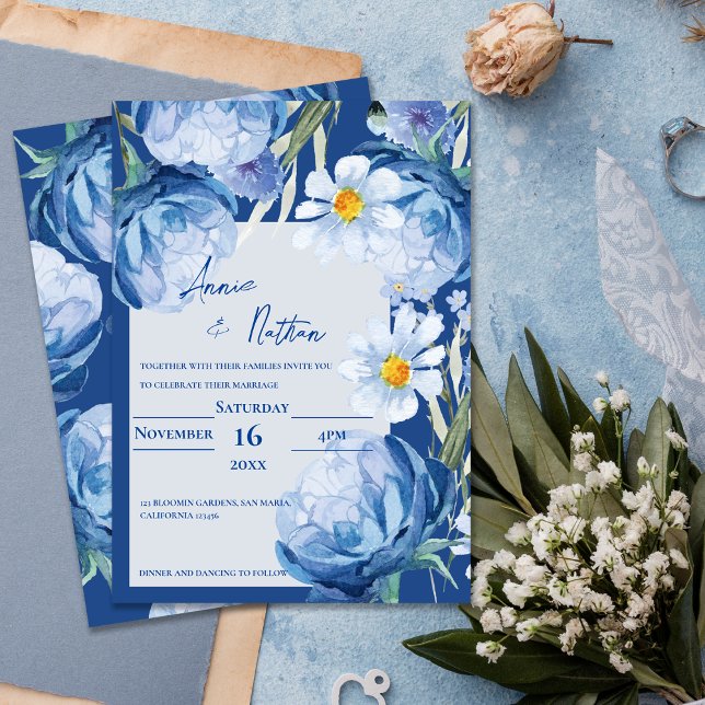 Blue Floral Wedding Invitation with Script Names (Chic Pretty Blue Flowers Trendy Floral Wedding Invitation)