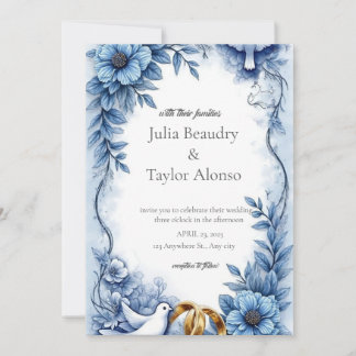 Blue Floral Wedding Invitation with White Dove | E