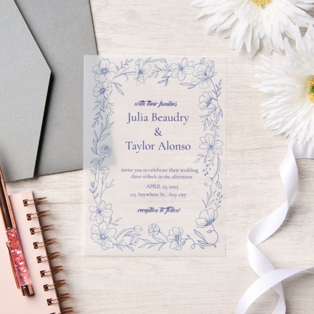 Blue Floral Wedding Invitation with White Dove | E (Wedding)