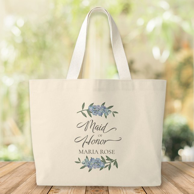 Blue Floral Wedding Maid of Honor Custom Large Tote Bag (Creator Uploaded)