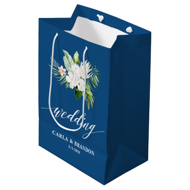 Blue Floral Wedding Medium Gift Bag (Front Angled)