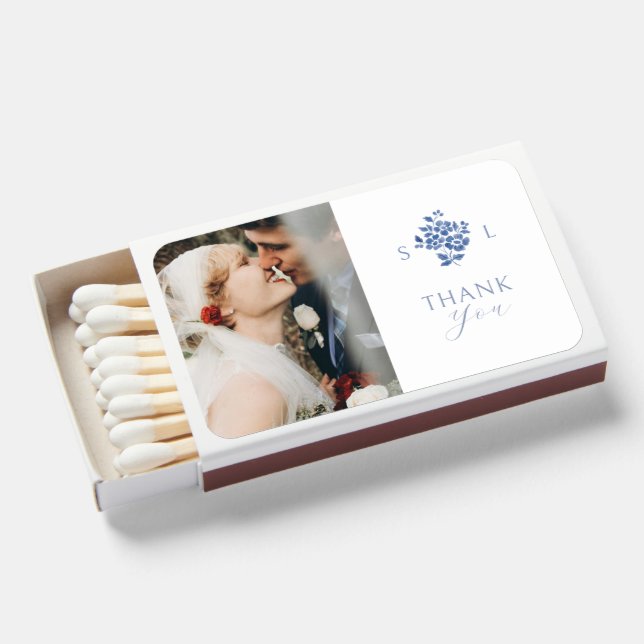 Blue Floral Wedding Monogram Photo Thank You  Matchboxes (Front Open)