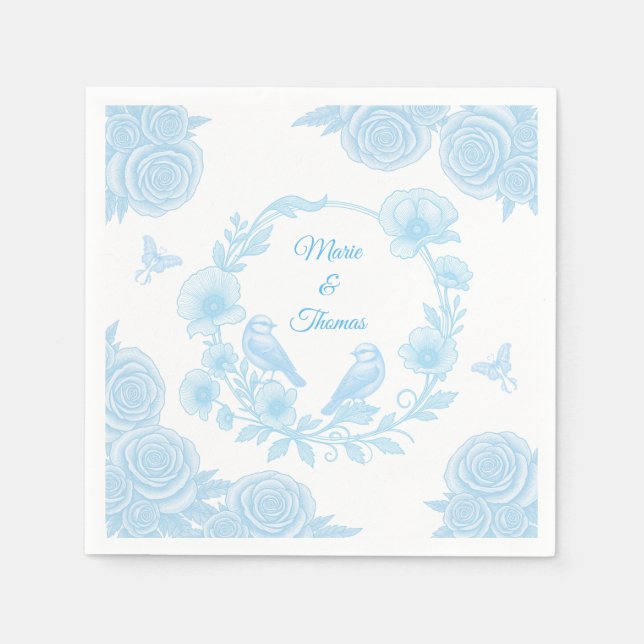 Blue Floral Wedding Napkin 💙 Personalized Names  (Front)