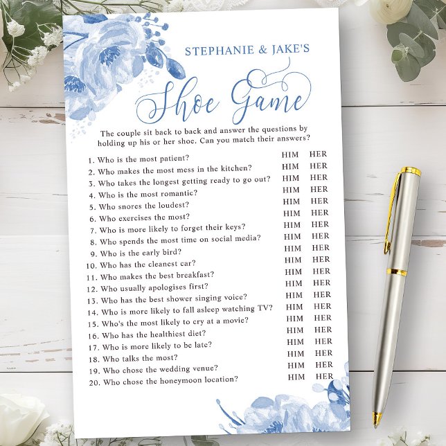 Blue Floral Wedding or Couples Shower Shoe Game (Bridal Shower Game from my Dusty Blue Watercolor Floral Bridal Shower)