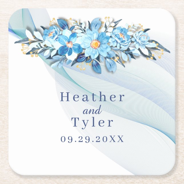Blue Floral Wedding Paper Coaster (Front)
