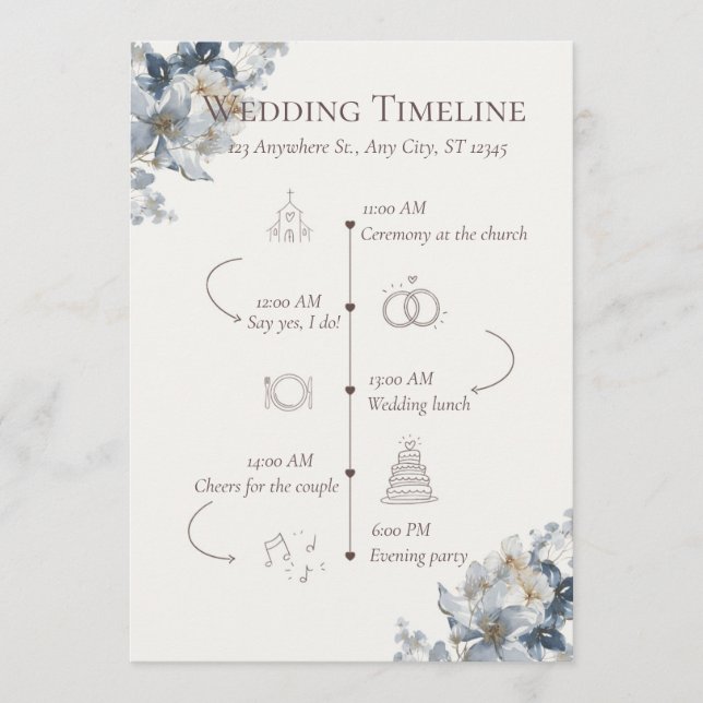Blue Floral Wedding Party and Timeline Program  (Front)