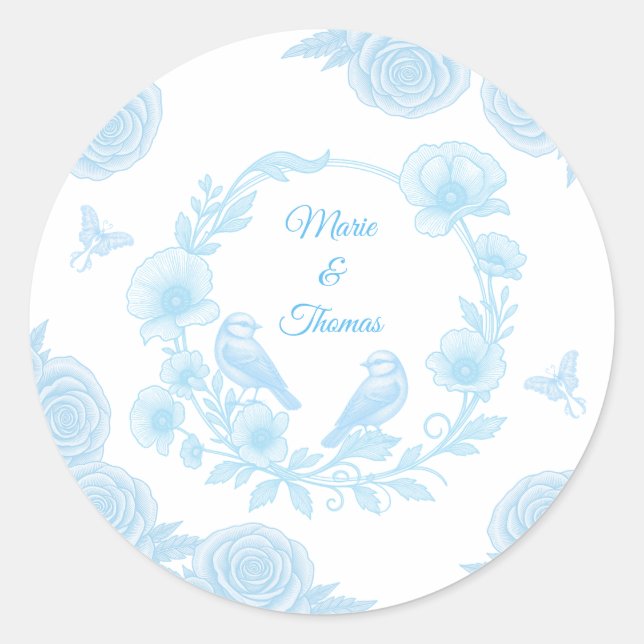 Blue Floral Wedding  💙 Personalized Names  Classic Round Sticker (Front)