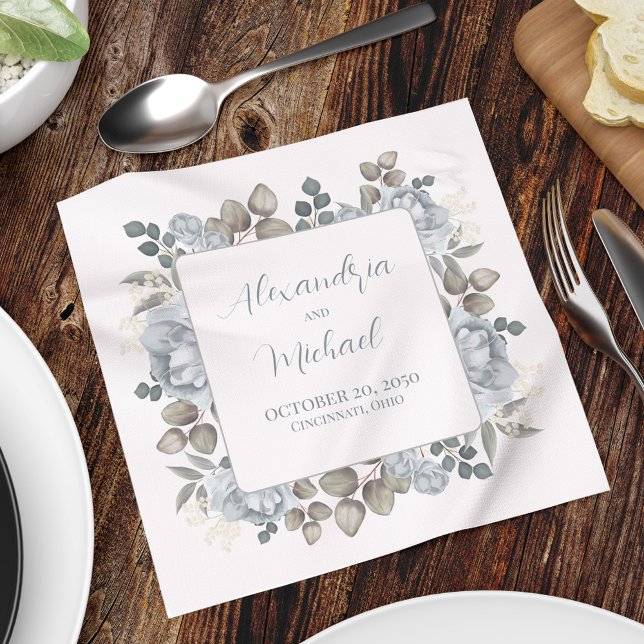 Blue Floral Wedding Personalized  Napkins (Custom  wedding cocktail napkin with bride and grooms name, date, and wedding location. )