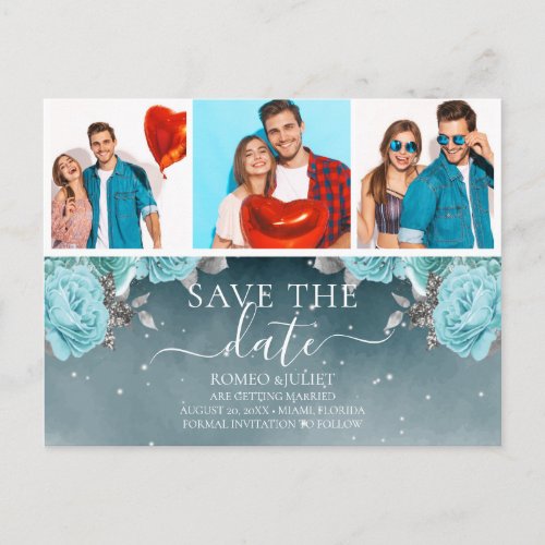 Blue Floral Wedding Photo Collage Save the Date Announcement Postcard