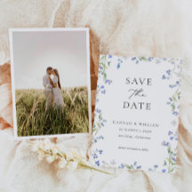 Blue Floral Wedding Photo Save the Date Card