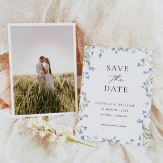 Blue Floral Wedding Photo Save the Date Card