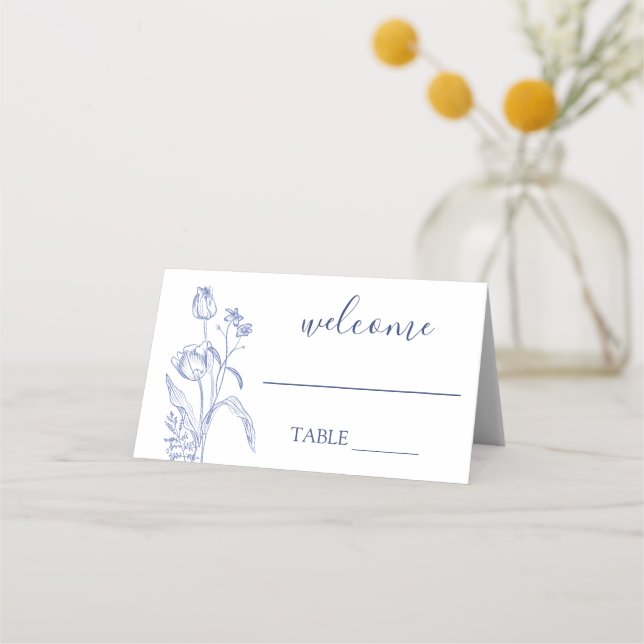 Blue floral wedding place card (Front)
