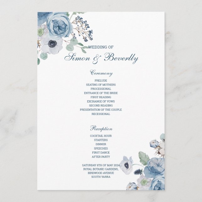 Blue Floral Wedding Program (Front)