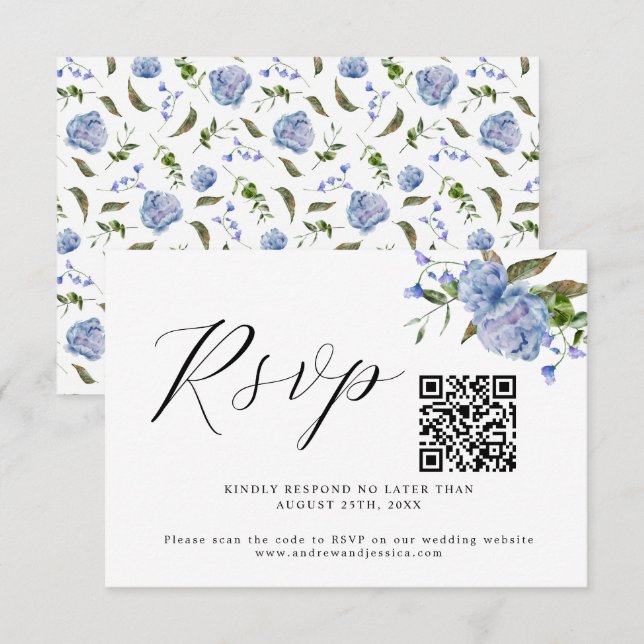 Blue Floral Wedding QR Code RSVP Card (Front/Back)