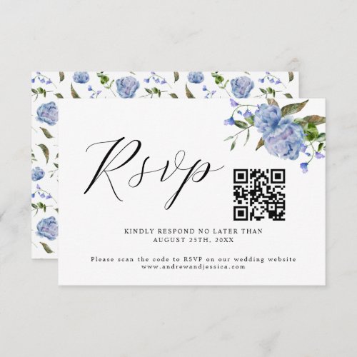 Blue Floral Wedding QR Code RSVP Card