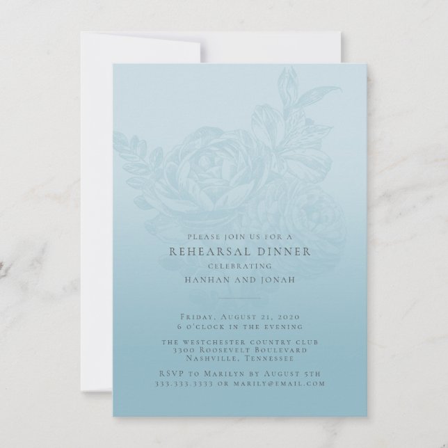Blue Floral Wedding Rehearsal Dinner Invitation (Front)