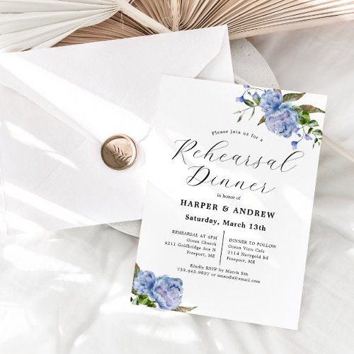 Blue Floral Wedding Rehearsal Dinner Invitation