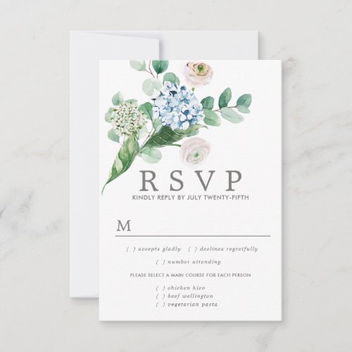 Blue Floral Wedding RSVP Card Meal Options