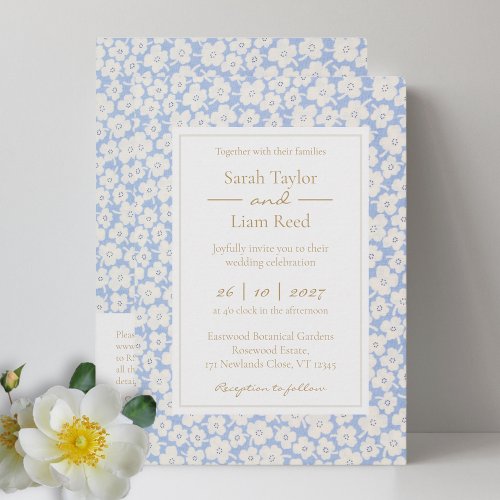Blue Floral Wedding RSVP QR Code  Invitation 