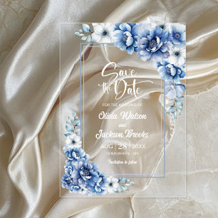 Blue Floral Wedding Save the Date Acrylic Invitations