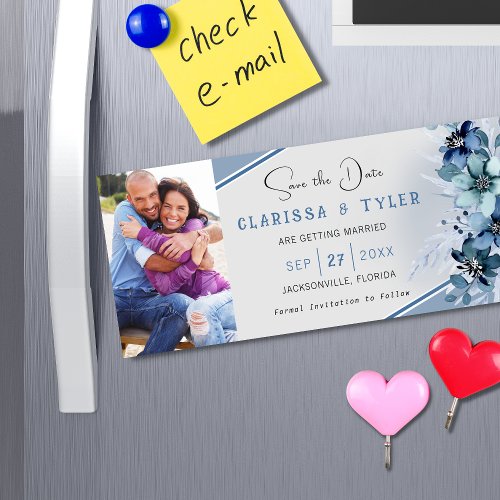 Blue Floral Wedding Save the Date Magnetic Card