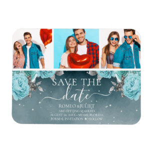 Blue Floral Wedding Save the Date Photo Collage Magnet