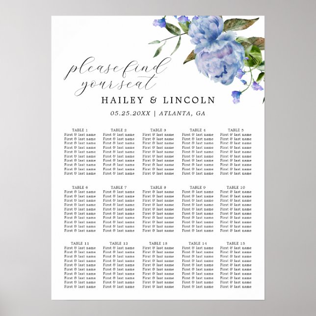 Blue Floral Wedding Seating Chart (Front)