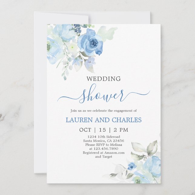 Blue Floral Wedding Shower Invitation (Front)